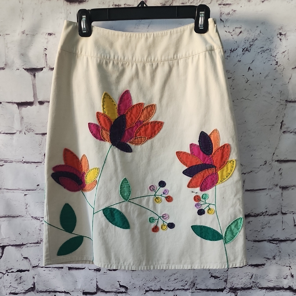 Boden Floral Applique Embroidered Cream A Line Twill Skirt Retro Womens Size 4